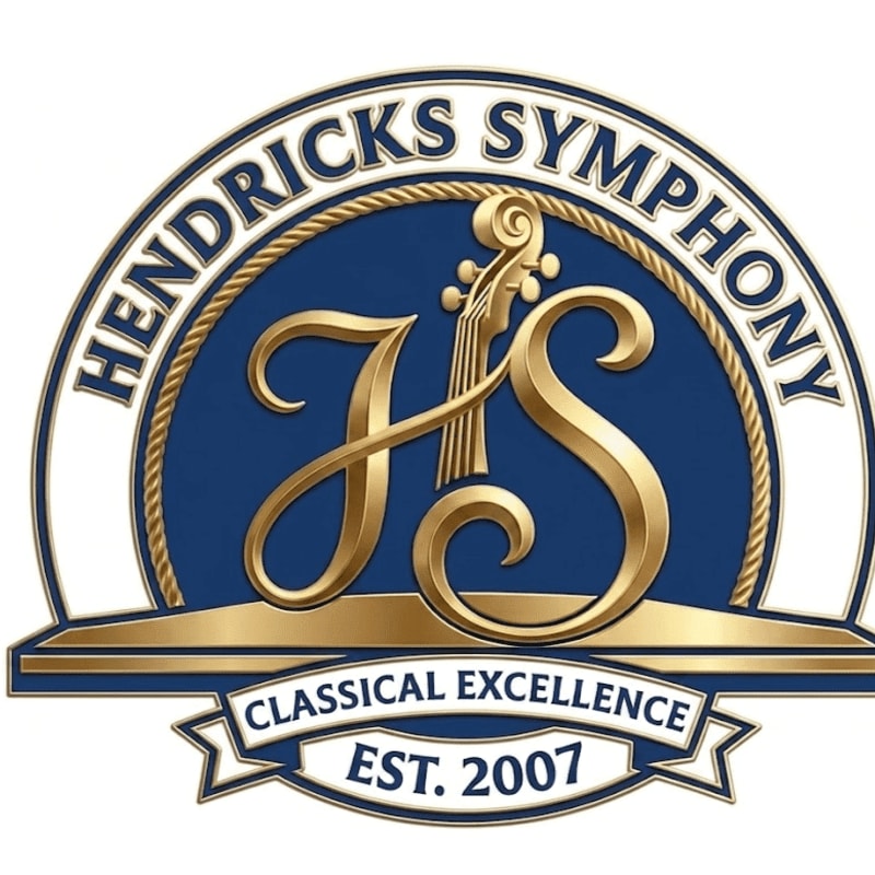 A golden monogram of "HS" intertwined with a violin scroll sits against a dark blue circle, all framed by a gold and blue arch proclaiming "Hendricks Symphony" and a banner below reading "Classical Excellence Est. 2007."
