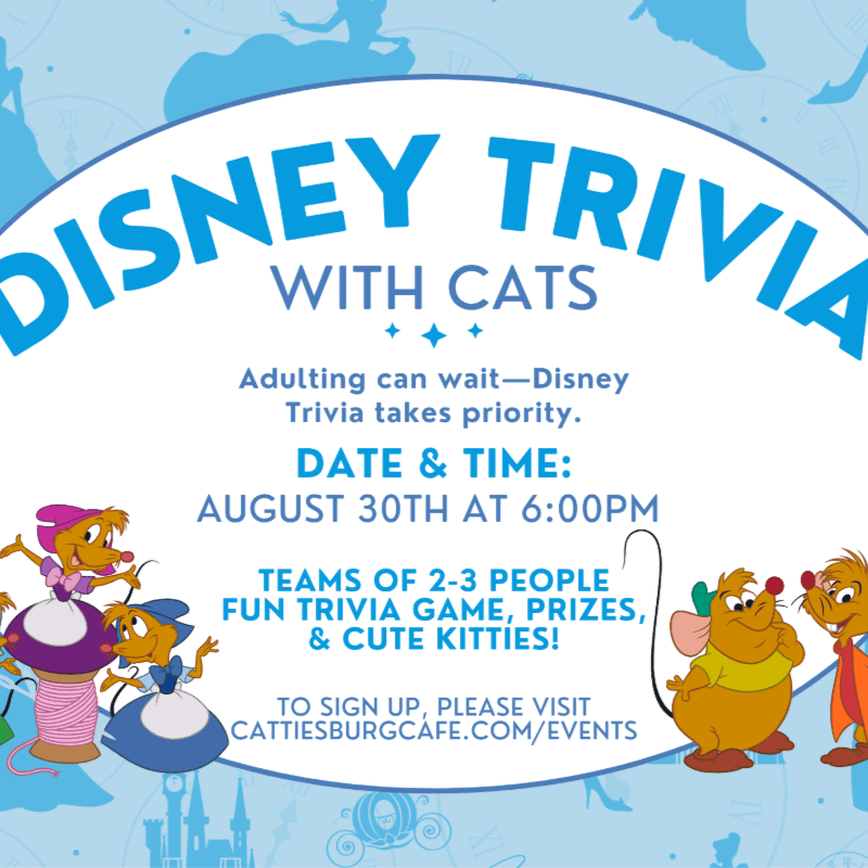 Cartoon cats in the foreground promote a Disney trivia event with a light blue background featuring Disney castle silhouettes.