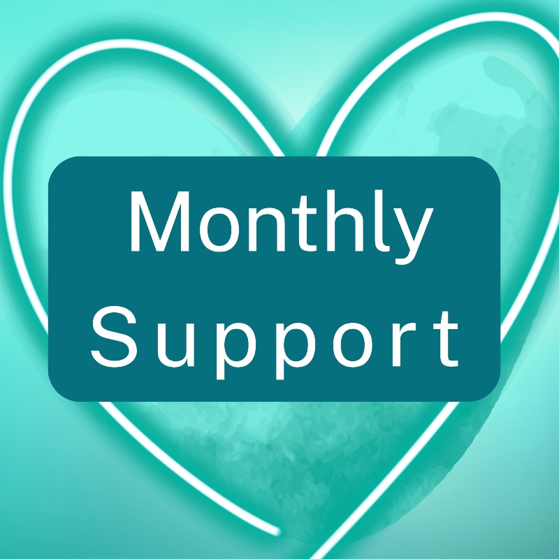 A teal rectangle with white text reading "Monthly Support" is centered on a glowing white heart outline against a teal background.