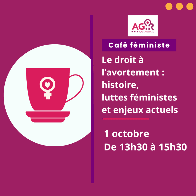 A pink coffee cup with a feminist symbol sits on a saucer in the foreground, while the background displays text about a feminist coffee event.