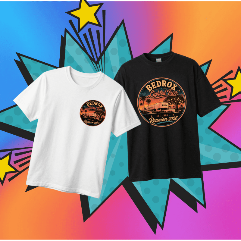 Two t-shirts, one white and one black, are displayed against a vibrant, starburst-shaped background with yellow stars.