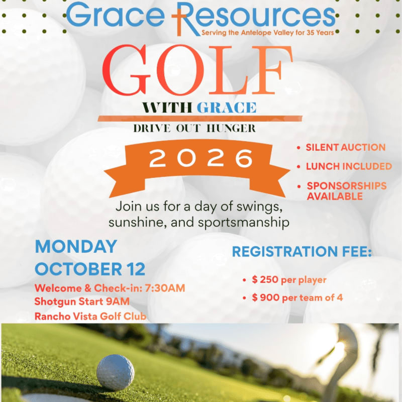 Golf balls fill the background behind text announcing a "Golf with Grace" event on Monday, October 12th, with a golf course scene in the foreground.