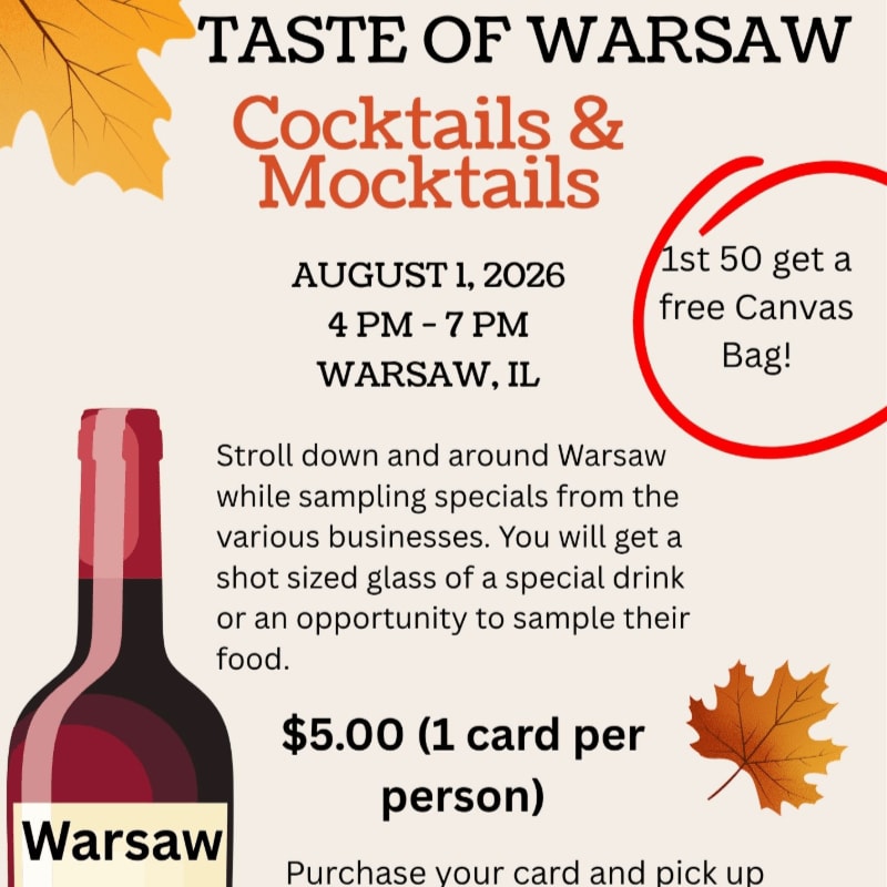 A bottle of wine is in the foreground, with event details for "Taste of Warsaw Cocktails & Mocktails" and autumn leaves in the background.