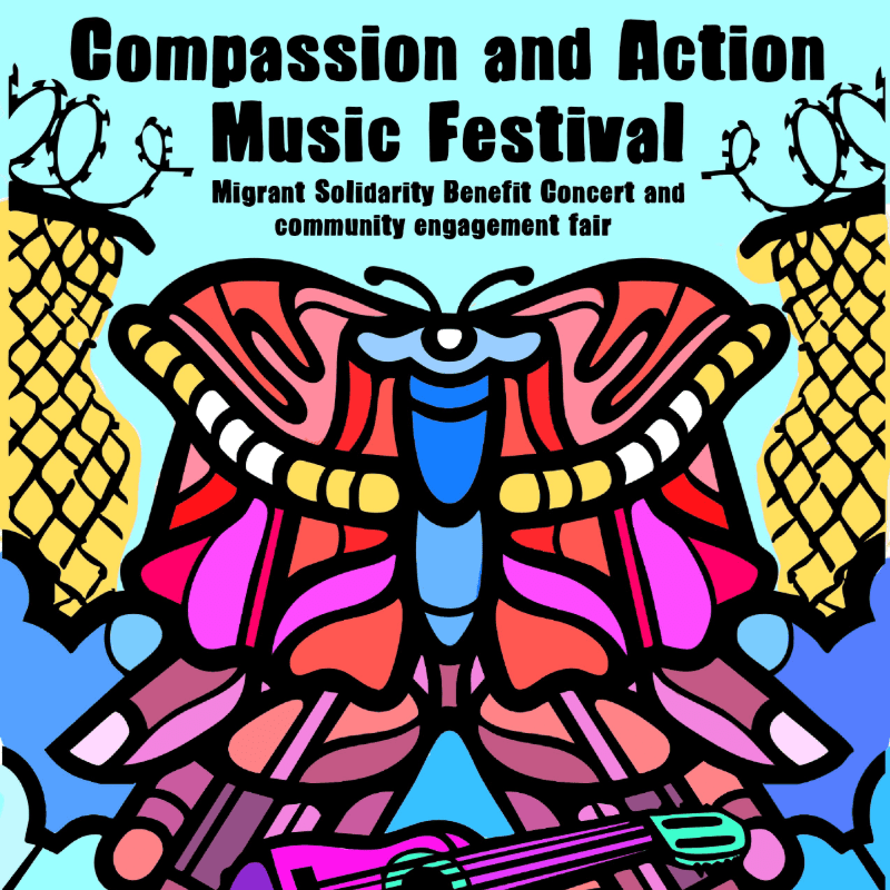A black and white illustration features a large moth with intricate patterns in the foreground, superimposed over a guitar and a banner announcing "Compassion and Action Music Festival," with barbed wire fences framing the background.