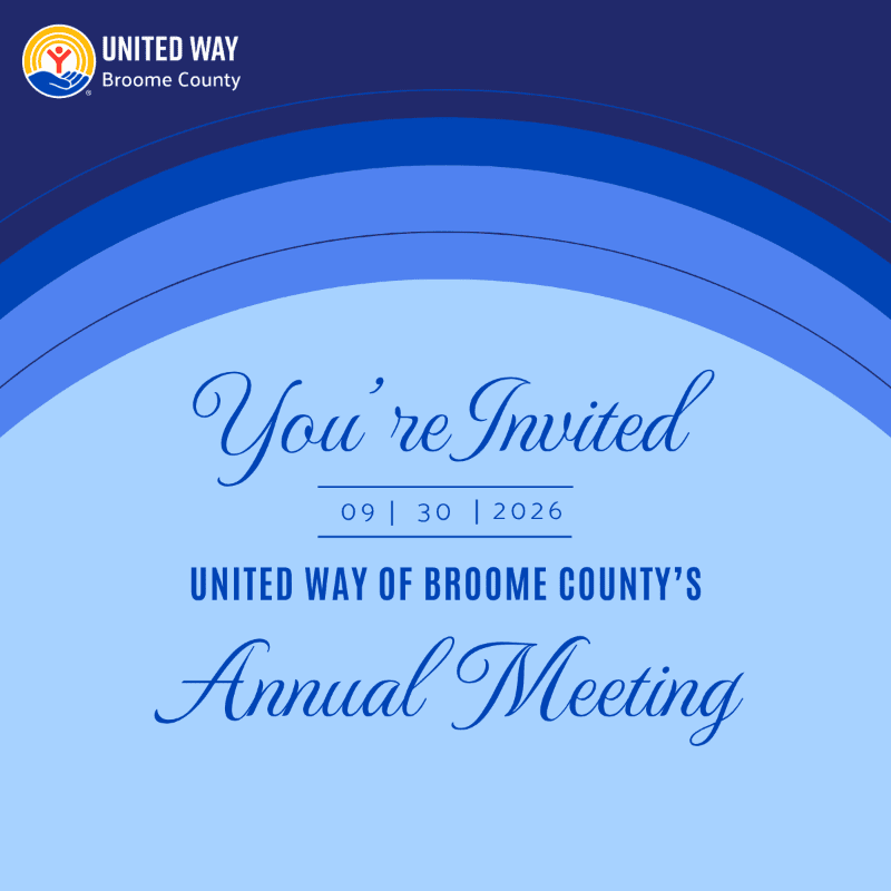 A light blue invitation for the United Way of Broome County's Annual Meeting on September 30, 2026, is set against a dark blue background with wavy lines.
