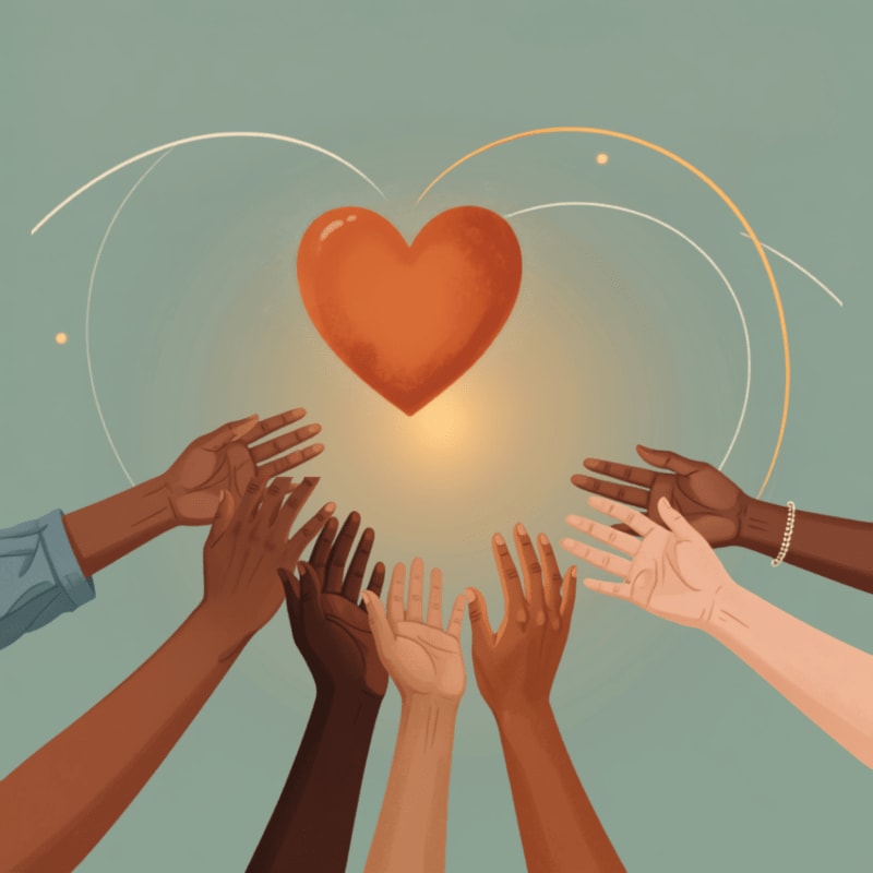 Multiple hands of varying skin tones reach upwards towards a glowing orange heart against a soft teal background.