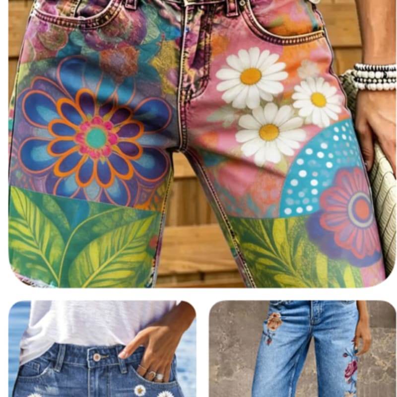 Colorful floral-patterned jeans are displayed in the foreground, with a blurred background of wooden planks and a hint of a white shirt.