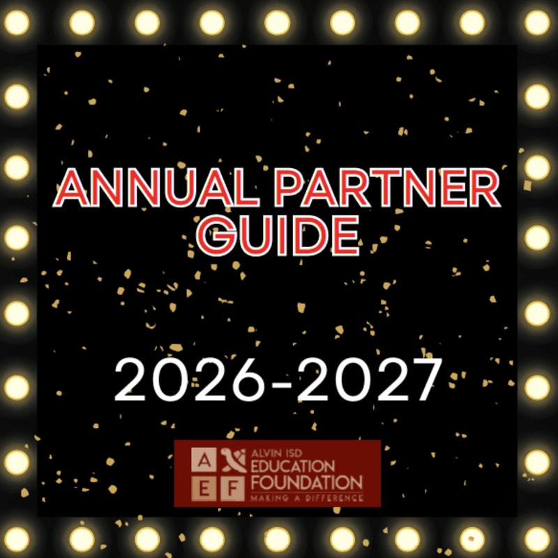 Golden confetti falls against a black background with a spotlight border, framing the text "ANNUAL PARTNER GUIDE 2026-2027" and the Alvin ISD Education Foundation logo.