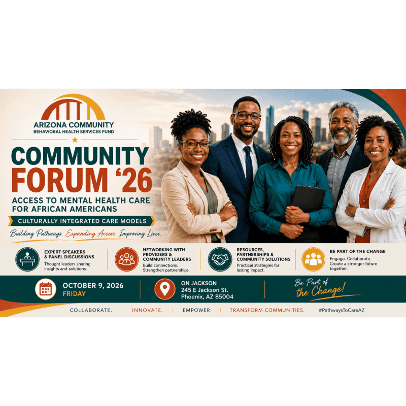 A diverse group of professionals smiles in the foreground against a city skyline background, promoting a community forum on mental health care for African Americans.