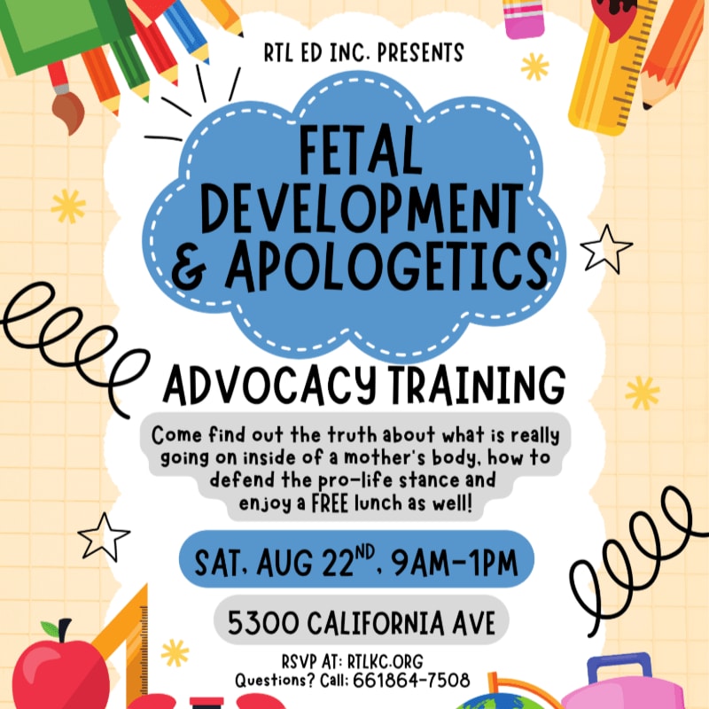 Colorful school supplies like pencils, rulers, and an apple frame a cloud-shaped announcement for "Fetal Development & Apologetics Advocacy Training" on a light yellow background with decorative swirls and stars.