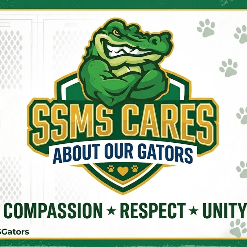 A muscular cartoon alligator mascot is emblazoned on a shield that reads "SSMS CARES ABOUT OUR GATORS," with paw prints and the words "COMPASSION * RESPECT * UNITY" visible in the background.