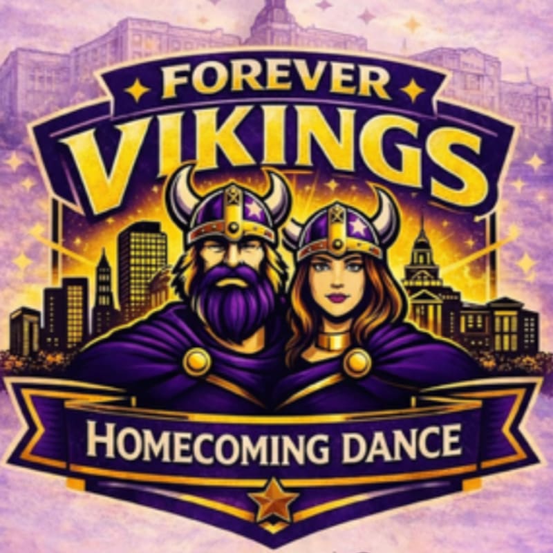 Two Viking figures with purple cloaks and horned helmets are featured in the foreground, with a city skyline and starry sky in the background.