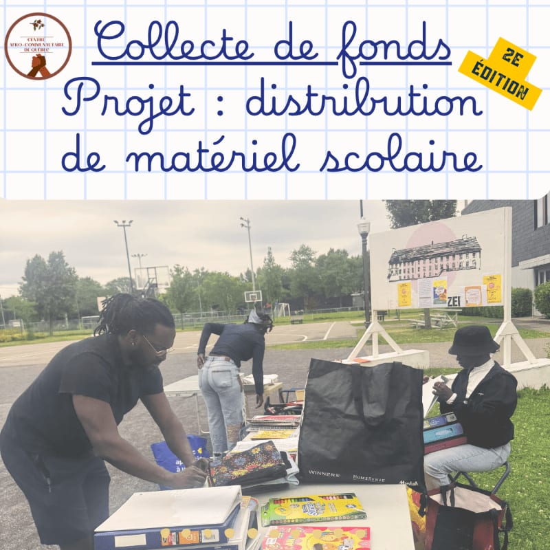 In the foreground, people are sorting and distributing school supplies from tables, while the background shows a schoolyard with a banner advertising a fundraising event.
