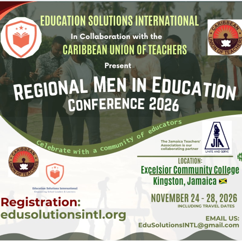 A poster for the Regional Men in Education Conference 2026, featuring logos and event details against a blurred background of people.