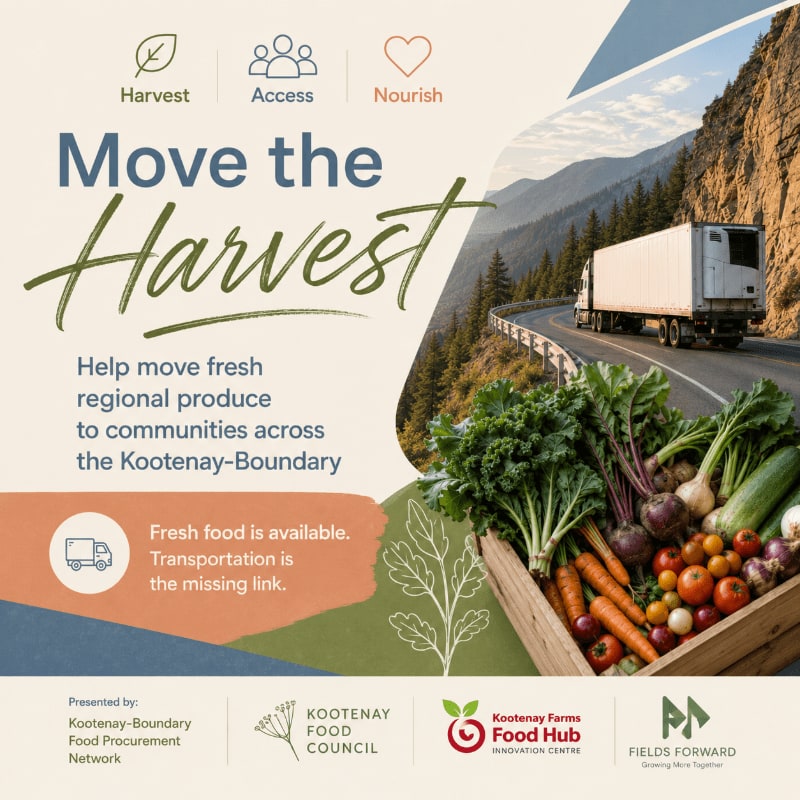 A truck drives along a winding mountain road in the background, while a wooden crate overflowing with fresh produce sits in the foreground.