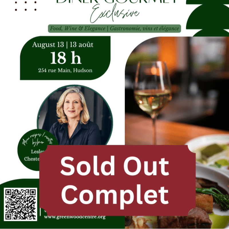 A glass of white wine in the foreground sits before a blurred background of a restaurant, with event details and a "Sold Out" banner overlaying the image.