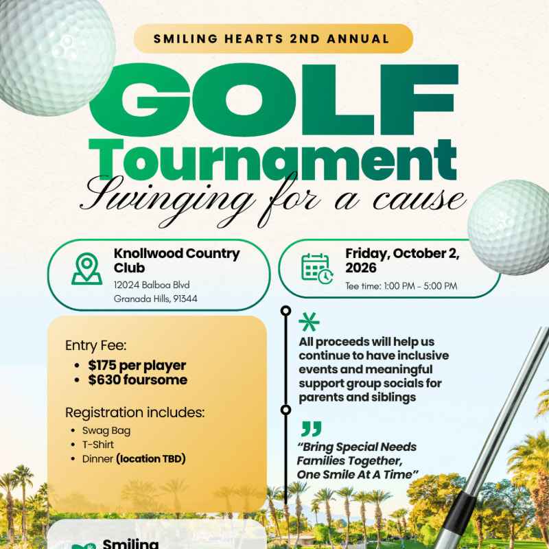 Two golf balls are in the foreground, with a golf club visible on the right, against a background advertising the "Smiling Hearts 2nd Annual Golf Tournament" with event details and a palm tree-lined landscape.
