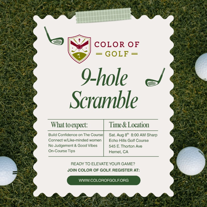 Three golf balls rest on a grassy background behind a flyer advertising a 9-hole scramble by "Color of Golf."