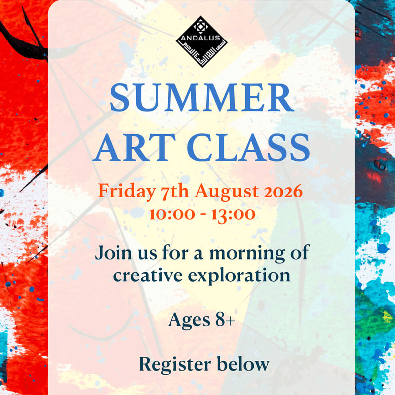 A vibrant, abstract background of splattered paint frames a flyer for a summer art class, detailing the date, time, and age group.
