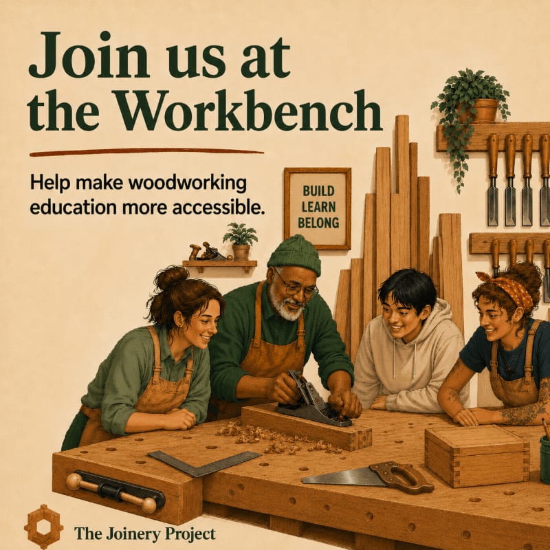 A diverse group of people learn woodworking at a workbench in the foreground, with tools and lumber visible in the background.
