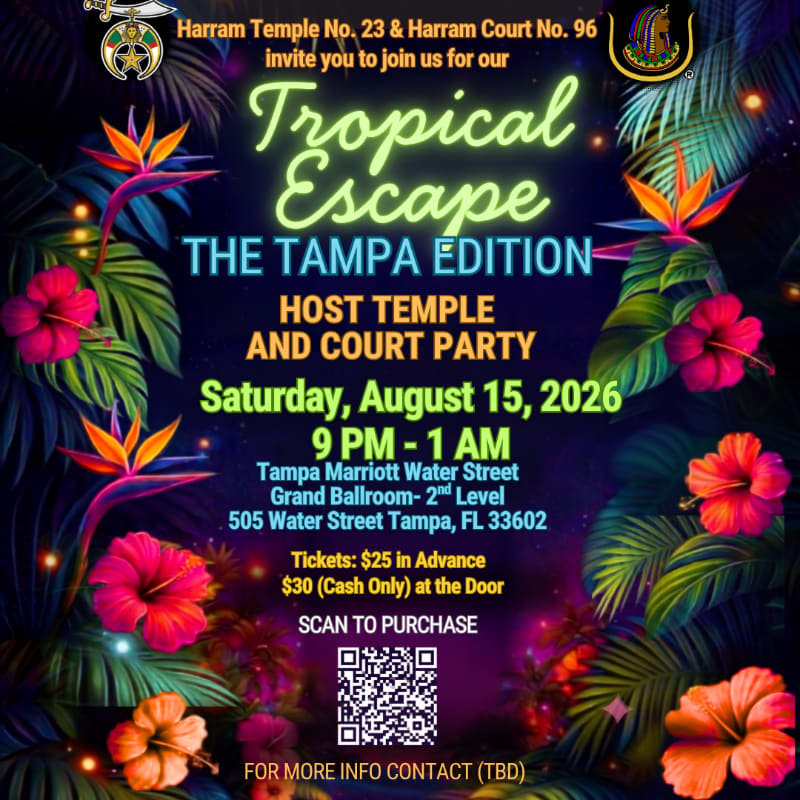 Vibrant tropical foliage frames a party invitation for a "Tropical Escape" event in Tampa.