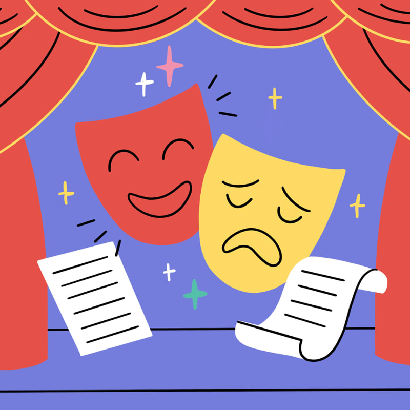 Red and yellow comedy and tragedy masks, along with scripts, are displayed on a stage with red curtains in the background.