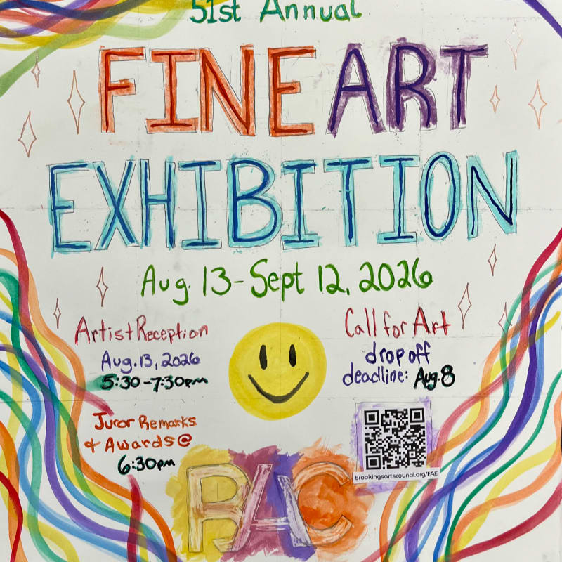 Colorful wavy lines frame a handwritten poster announcing the 51st Annual Fine Art Exhibition, with details about dates, reception, and a QR code in the foreground.