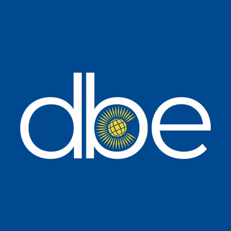White letters "dbe" with a yellow globe emblem in place of the "b" are centered on a solid blue background.