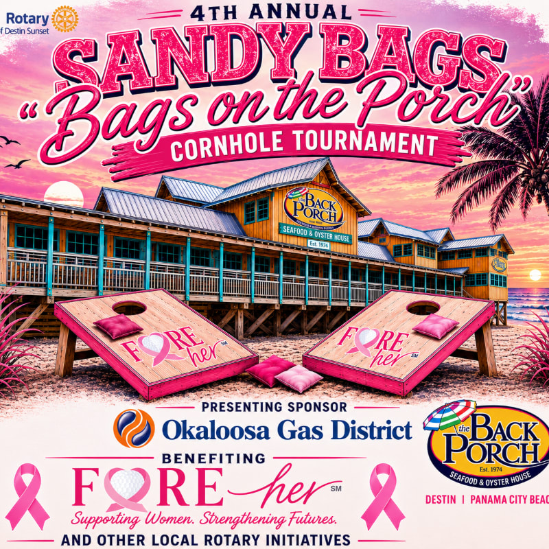 Two pink cornhole boards with "FORE her" printed on them are in the foreground, with a beachside restaurant and palm trees in the background under a pink sky.