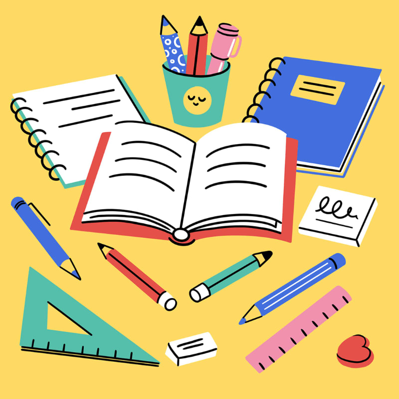 A collection of colorful school supplies, including an open book, notebooks, pens, pencils, a ruler, and an eraser, are scattered across a bright yellow background.