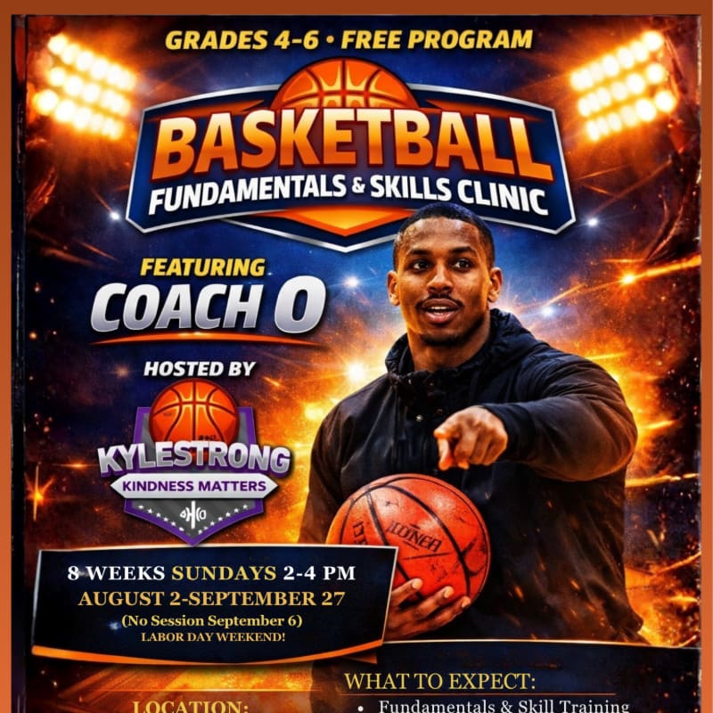 A basketball coach is featured in the foreground of a flyer advertising a free basketball clinic for grades 4-6, with bright stadium lights in the background.