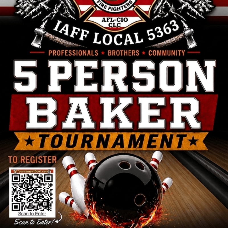 A bowling ball and pins are in the foreground, with a tournament announcement for IAFF Local 5363 in the background.