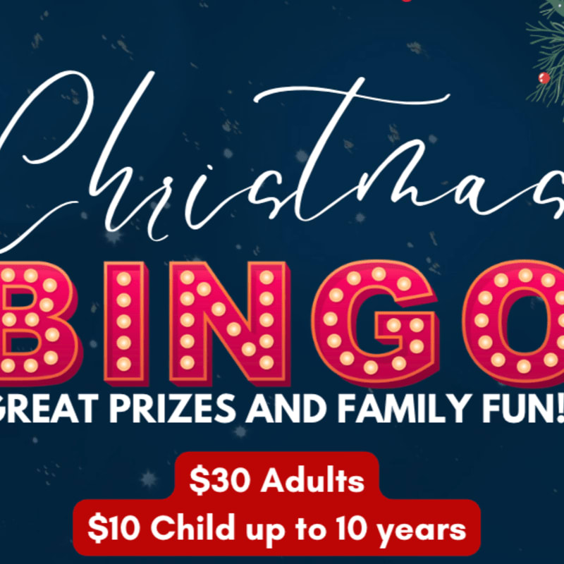 Festive "Christmas BINGO" text with glowing lights and pricing information is set against a dark blue background with subtle snow effects and greenery.