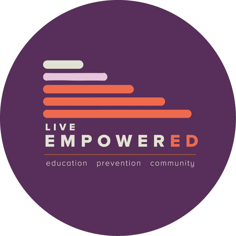 A purple circle contains a graphic of ascending bars in shades of pink and orange above the words "LIVE EMPOWERED" and "education prevention community" on a white background.