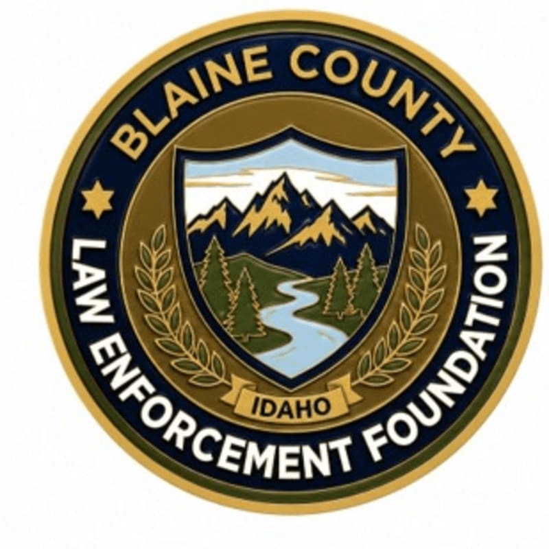 A circular emblem features a mountain landscape with a river in the foreground, set against a backdrop of text reading "BLAINE COUNTY LAW ENFORCEMENT FOUNDATION IDAHO."