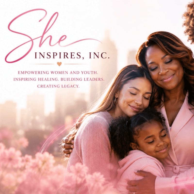 Three women of different ages embrace tenderly in the foreground, with a soft-focus cityscape visible in the background.