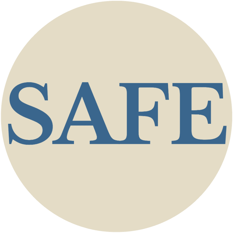 Blue letters spelling "SAFE" are centered on a light beige circular background.