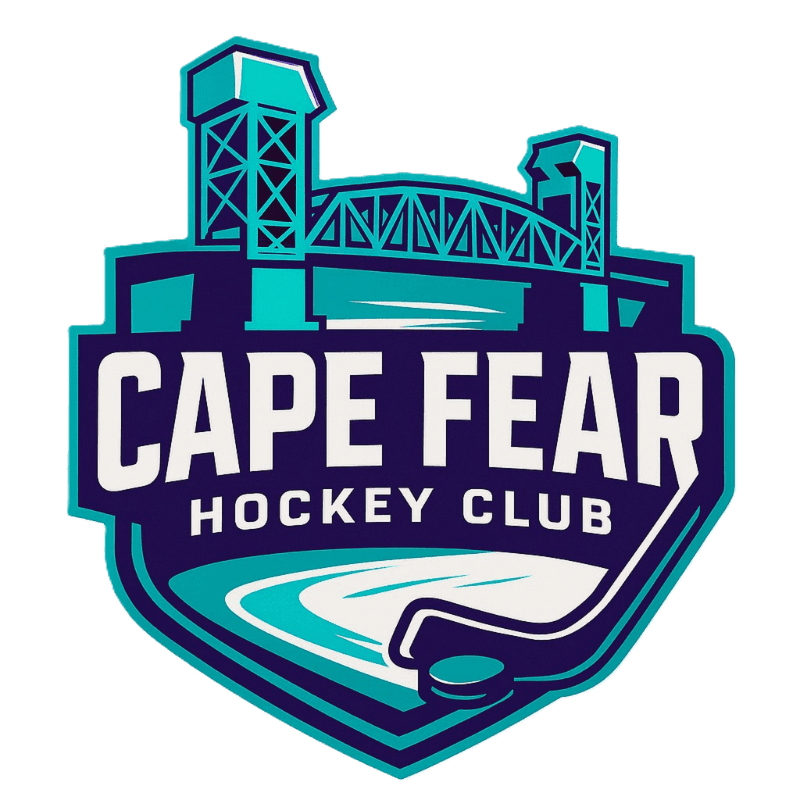 A hockey club logo features a stylized bridge and towers in the background, with a hockey stick, puck, and ice rink in the foreground.