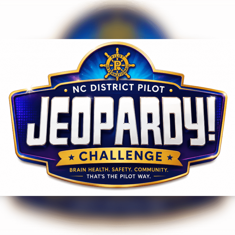 A bold, blue and gold "Jeopardy! Challenge" logo with "NC District Pilot" and a slogan about "Brain Health, Safety, Community" is set against a blurred, starry background.