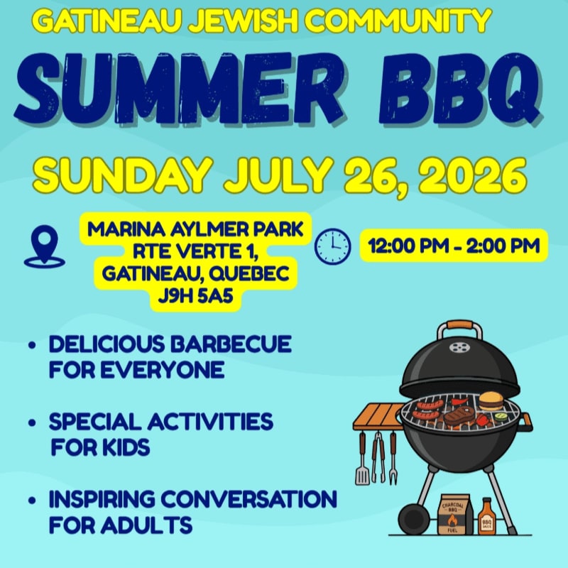 A vibrant blue poster advertises a Gatineau Jewish Community Summer BBQ on Sunday, July 26, 2026, featuring a charcoal grill with food in the foreground and event details in the background.