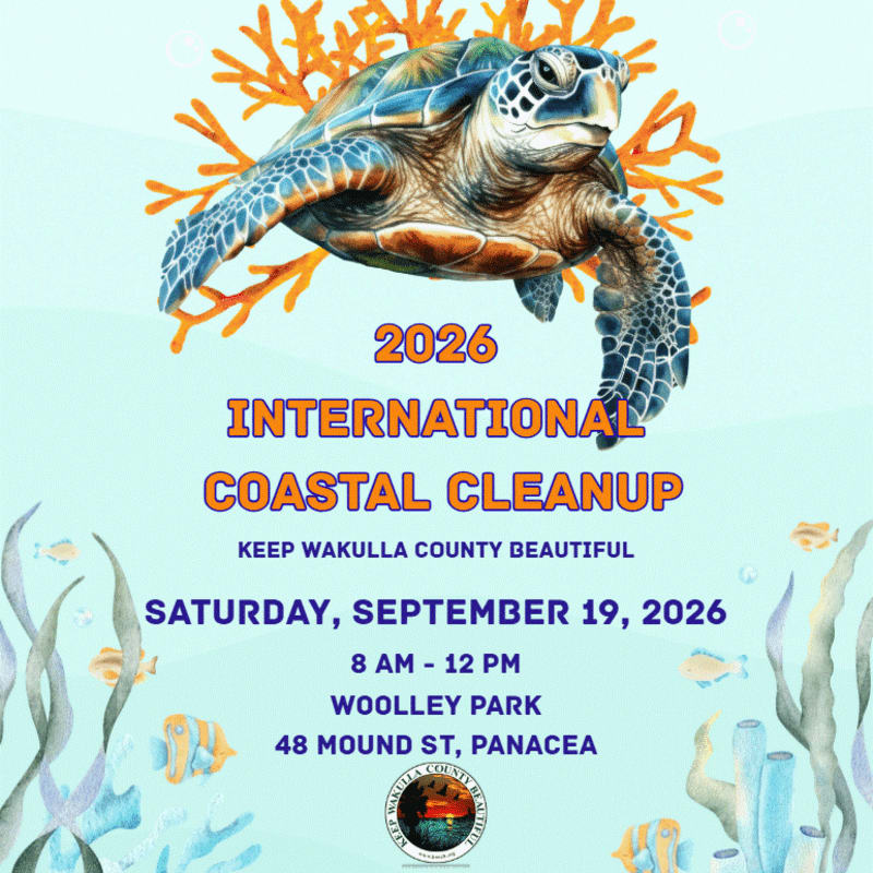 A sea turtle swims above coral and seaweed, advertising the 2026 International Coastal Cleanup event in Wakulla County.