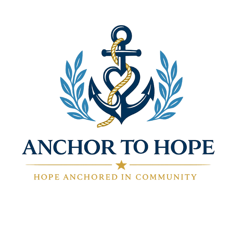 A navy anchor with a heart-shaped rope entwined is centered in the foreground, flanked by blue laurel branches, with the text "ANCHOR TO HOPE" and "HOPE ANCHORED IN COMMUNITY" below it, all set against a white background.