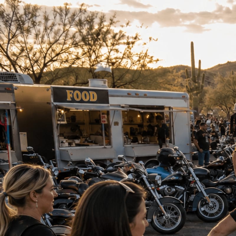 In the foreground, several people are gathered around a row of parked motorcycles, while in the background, a food truck is set up with a desert landscape and cacti behind it.