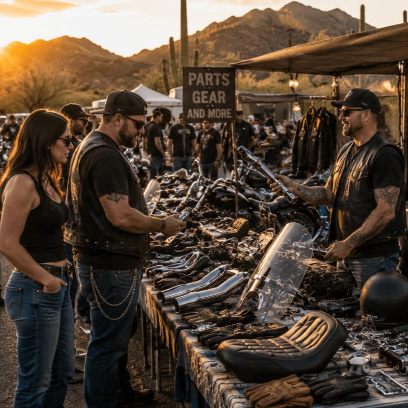 A couple browses motorcycle parts at an outdoor market with a desert landscape and setting sun in the background.