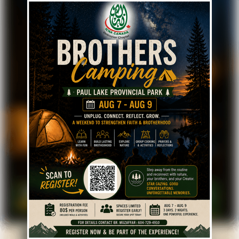 A camping event poster features a tent and campfire in the foreground against a backdrop of a lake and pine trees.