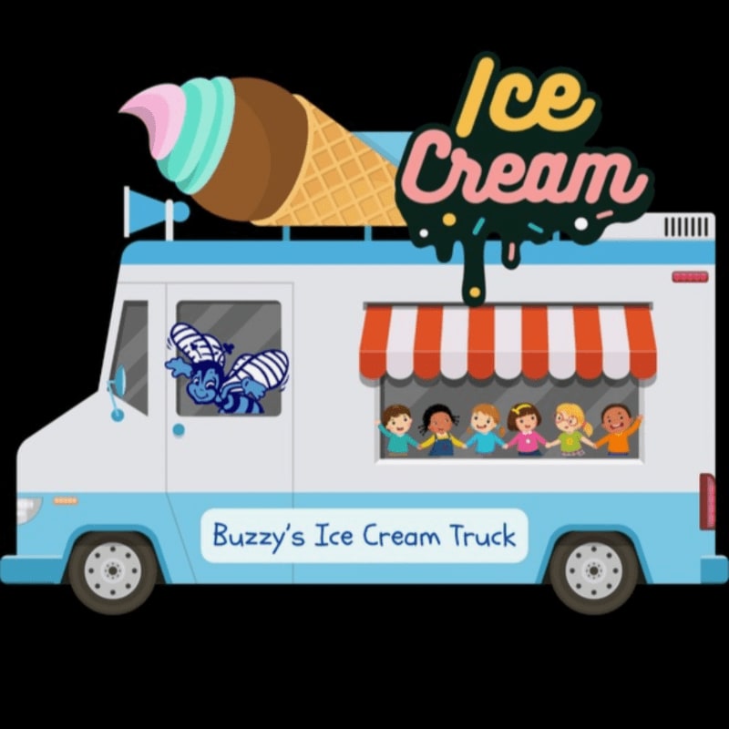 A cartoon ice cream truck with a giant ice cream cone on top and children peeking out from the window is parked against a black background.