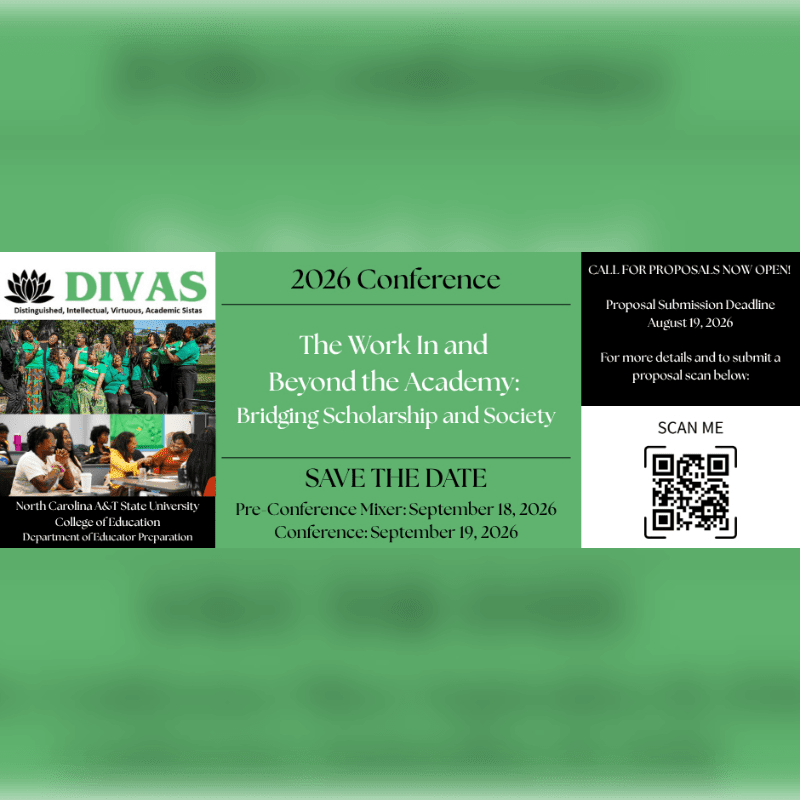 A green banner displays conference details, including the "DIVAS" logo and images of people in the foreground, with a QR code and call for proposals in the background.