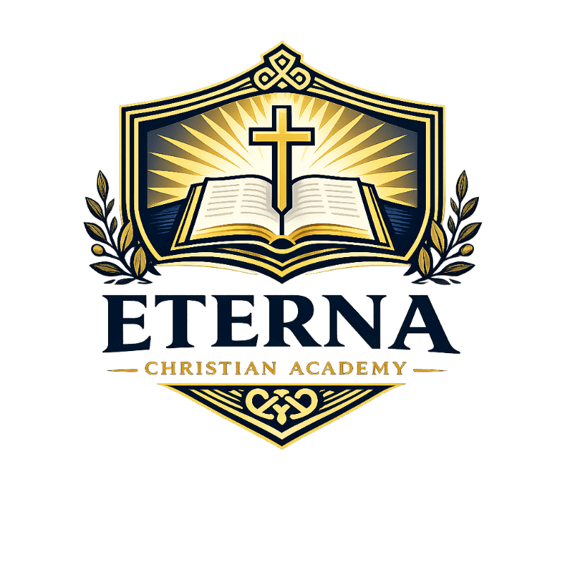 A golden cross stands above an open book, set within a shield adorned with laurel branches and the words "ETERNA CHRISTIAN ACADEMY" against a radiant sunburst background.