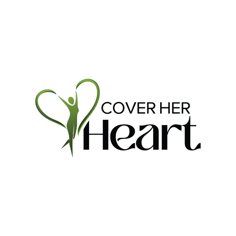 A green silhouette of a woman with outstretched arms forms the left half of a heart, next to the words "COVER HER Heart" on a white background.