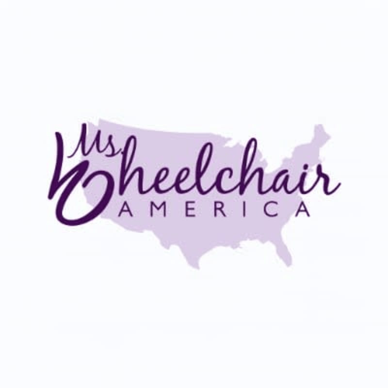 A purple silhouette of the United States is overlaid with the words "Ms. Wheelchair America" in elegant purple script.